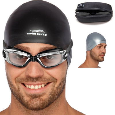 Clear Swim Goggles + Reversible Swimming Cap + Protective Case SET swim-elite1 CLEAR BLACK